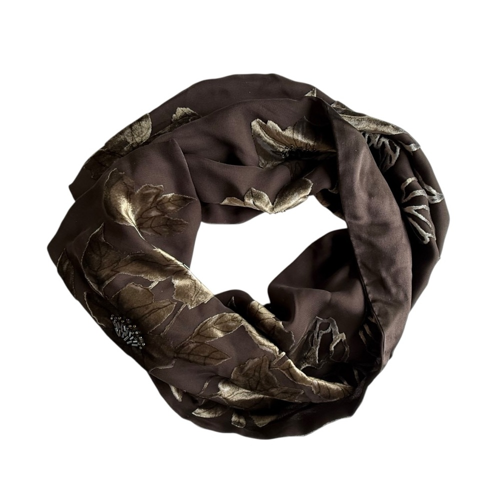 Ellen Tracy Brown Silk Velvet Beaded Floral Embroidered Scarf - Picture 3 of 10
